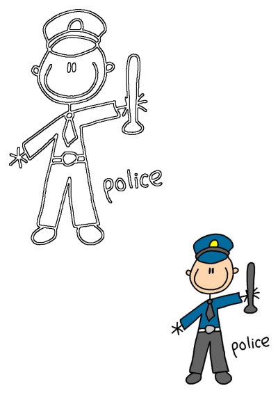 A charming cartoon stick figure police officer illustration, showing both an outline and a colored version holding a baton.