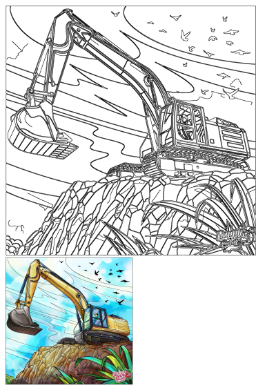 A detailed line art illustration of a large excavator on a rocky construction site with birds flying overhead in the sky.