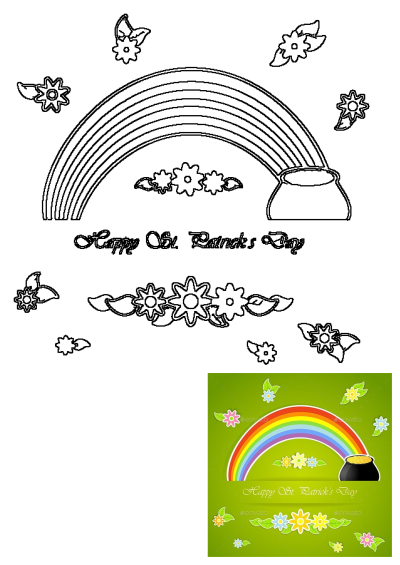 St. Patrick's Day greeting card design featuring an arched rainbow, a pot of gold, 'Happy St. Patrick's Day' text, and floral decorations.