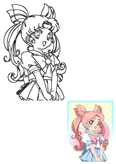 Chibi Moon anime character with pink hair and blue eyes, wearing a sailor uniform with a pink bow and smiling brightly.