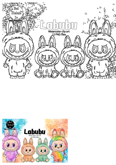 Set of Labubu watercolor clip art featuring cute bunny characters in vibrant colors and outline versions, available as 12 PNG files.