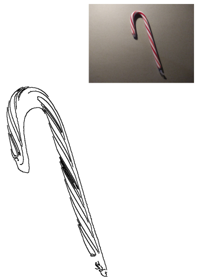 A red and white striped candy cane, shown on a table in a photo, is also presented as a prominent black outline drawing.