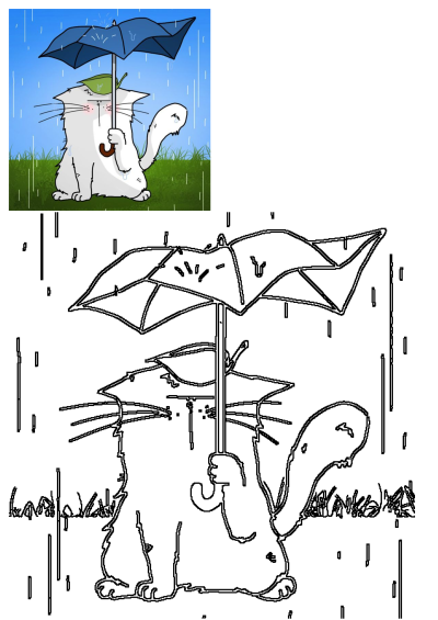 A sad white cartoon cat holding a blue umbrella while sitting in the rain on a green grassy field.