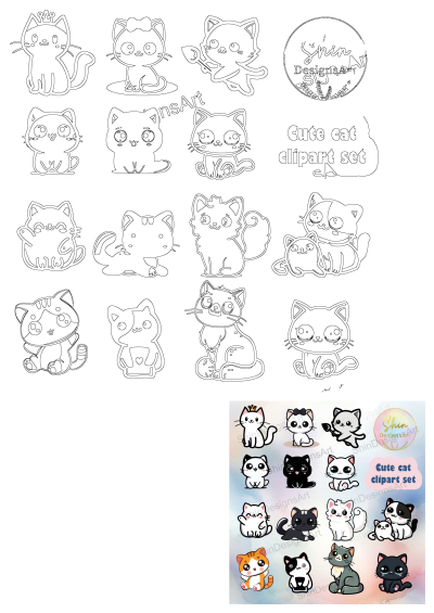 Cute kawaii cat and kitten outline clipart set featuring various cartoon kitties in playful poses and expressions for digital designs.