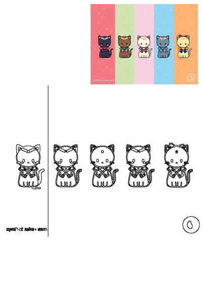 Cute kawaii Sailor Moon cats with colorful bows and their black and white outlines, perfect for fans of anime illustrations.