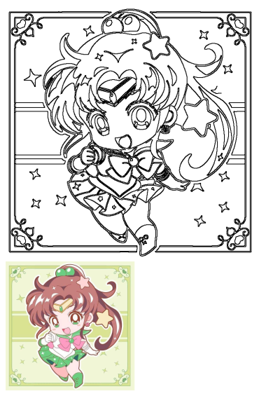 Cute chibi Sailor Jupiter anime character outline, smiling happily in her iconic uniform with a star in hand.