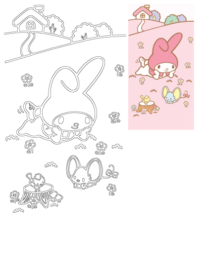 My Melody, a cute Sanrio character, is laying happily in a vibrant field, with a charming house, trees, a little mouse and bird.