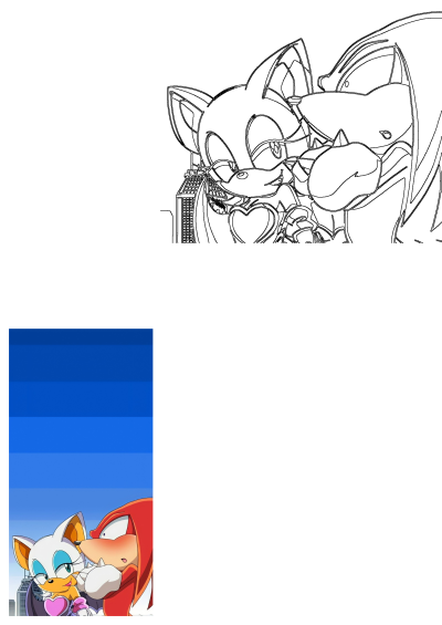 Rouge the Bat and Knuckles the Echidna in a cityscape. Includes black and white line art and a vibrant colored cartoon with Knuckles blushing.