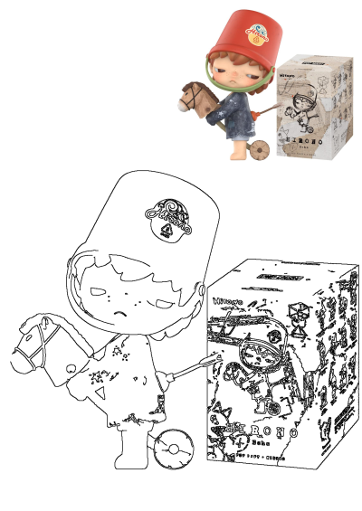 Hirono Echo Toy Horse Collectible Figure by Pop Mart, featuring the grumpy character with a red bucket hat and toy horse. Includes line art.