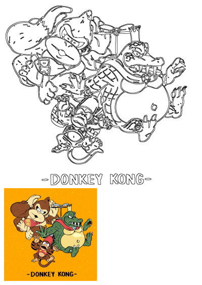 Line art illustration featuring Donkey Kong, King K. Rool, and Diddy Kong, iconic cartoon characters from the game.