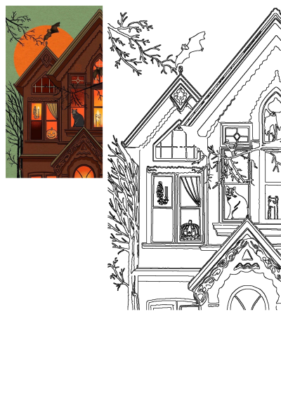 Spooky Halloween haunted house illustration with a bat flying across an orange moon, a black cat in the window, and a glowing jack-o'-lantern.