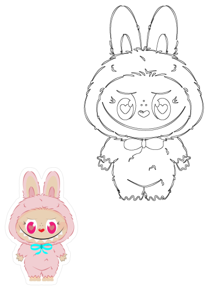 Cute pink bunny monster sticker with big heart eyes, tiny fangs, a blue bow, and its detailed black outline drawing.