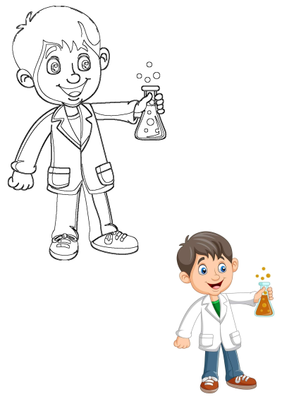 Cartoon boy scientist in a lab coat, smiling and holding a bubbling flask. Features both a colored and a black-and-white outline version.
