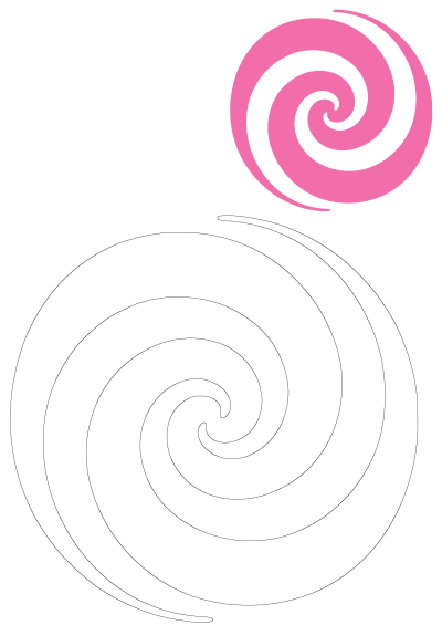 A vibrant pink and white spiral graphic accompanied by a large black outline spiral design on a clean white background.