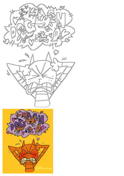 Stressed orange cat, eyes shut, holding its head, overwhelmed by a purple thought bubble of Dog Man fantasies and hearts.