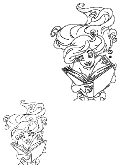 Two outline illustrations of the Little Mermaid, Ariel, engrossed in reading a book with her iconic flowing hair.