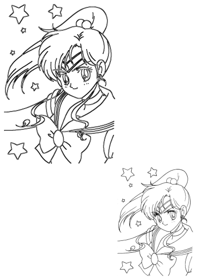 Line art of Sailor Moon smiling, featuring her iconic hairstyle and uniform bow, surrounded by whimsical stars.
