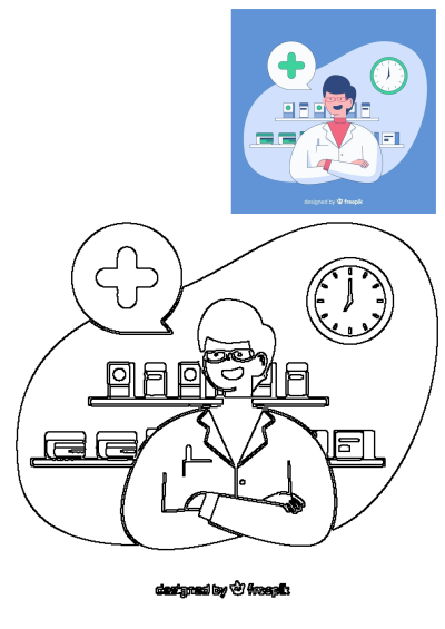 Friendly pharmacist in lab coat, smiling in front of pharmacy shelves with medicines. Features a medical cross and clock.