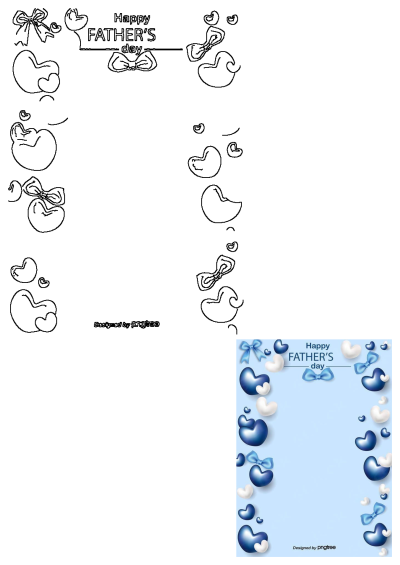 Happy Father's Day greeting card design featuring blue and white 3D hearts and bows on a light blue background.