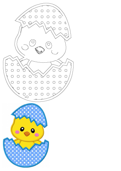 A cute yellow chick with pink cheeks hatches from a blue and white polka dot Easter egg applique design, also showing an outline version.