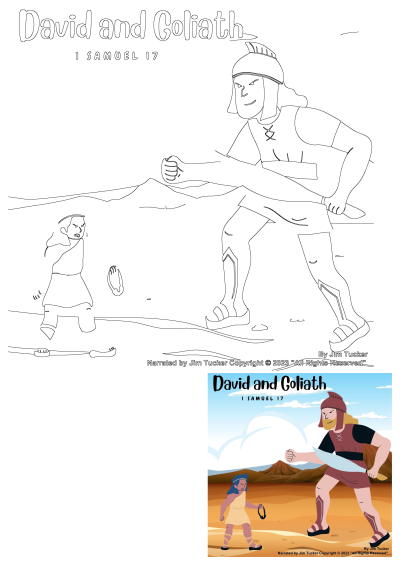 An illustrative line art depicting the biblical story of David and Goliath, showing young David confronting the giant warrior.