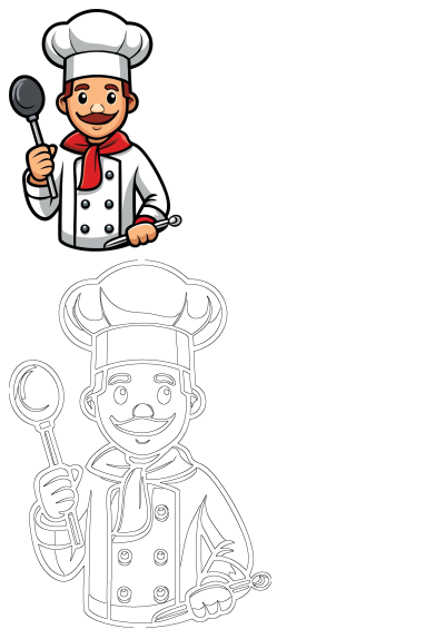Colorful cartoon chef illustration featuring a smiling character with a spatula and cooking utensil, alongside its outline version.