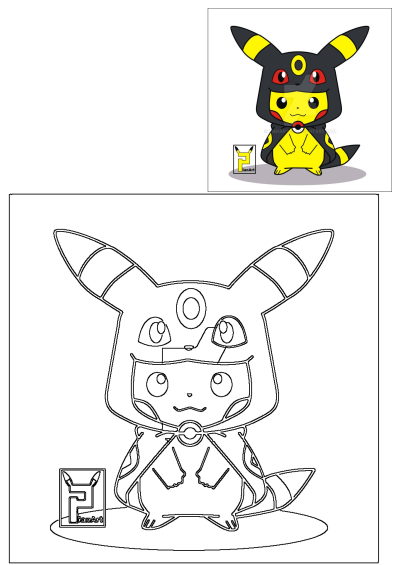 A charming cartoon Pikachu is depicted sitting while wearing an Umbreon-themed cape, presented in both colored and line art versions.