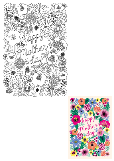 Vibrant floral Happy Mother's Day card design with various colorful flowers and lush leaves, perfect for celebrating mom.