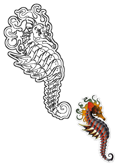 Traditional seahorse sticker features bold red and black stripes, an orange head, and flowing green-yellow details on a white background.