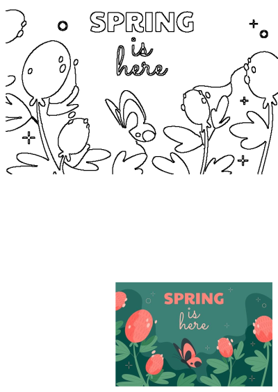 Vibrant illustration of spring flowers and a butterfly with 'SPRING is here' text on a dark green background. Also includes a line art version.