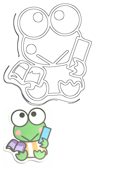A cute green frog sticker holding a purple book and blue paper, looking at camera. Includes a matching black outline design above.