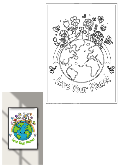Smiling cartoon Earth, blooming flowers, cheerful butterflies, and a rainbow with 'Love Your Planet' text. Promotes environmental care.