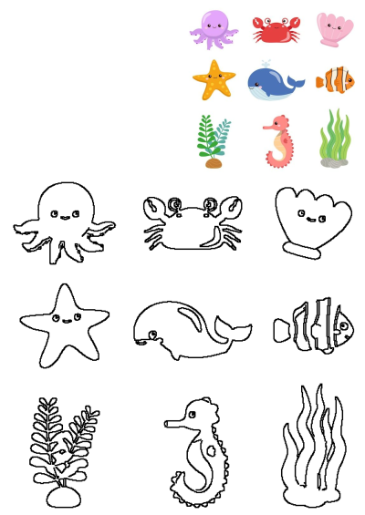 A collection of cute sea animals and fish illustrations. Features colorful cartoon marine life like octopus, whale, and their outlines for activities.