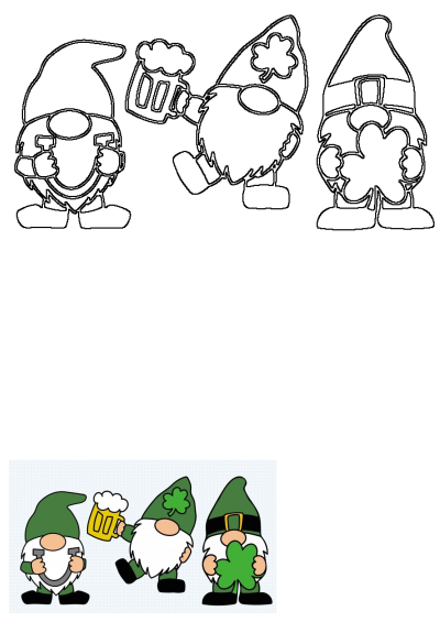 Outline of three festive St. Patrick's Day gnomes with shamrock, beer, and horseshoe. Ideal for Irish holiday crafts and decor.