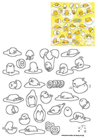 Gudetama Chicken Stickers on a yellow background, depicting the lazy egg character in many poses, alongside printable outlines for crafts.