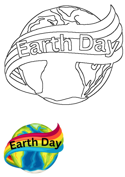 Vibrant Earth Day logo featuring a green and blue globe wrapped in a rainbow ribbon with 'Earth Day' text. Includes a black outline version.
