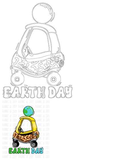 A playful cartoon car with an Earth globe atop, alongside 'EARTH DAY' text, featuring both line art and vibrant colored versions for celebration.