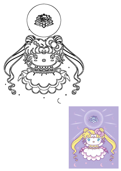 Adorable Hello Kitty dressed as Sailor Moon, with blonde hair, a pink bow, a cloud-like dress, and a mystical lotus flower.