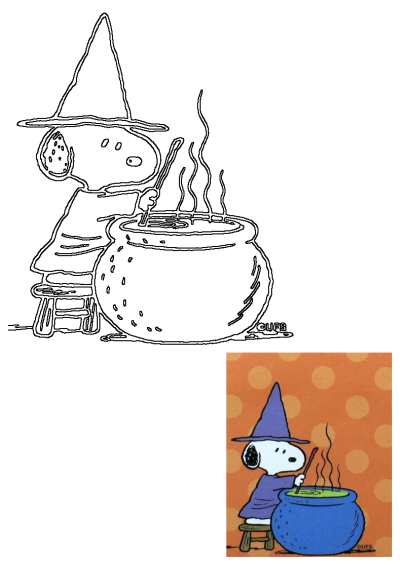 Snoopy Witch Halloween Brew: Charlie Brown's dog Snoopy, dressed as a witch, stirs a bubbling cauldron.