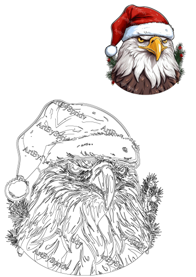 Festive bald eagle wearing a Santa hat, surrounded by Christmas pine and berries, presented as a vibrant artwork and a line art outline.