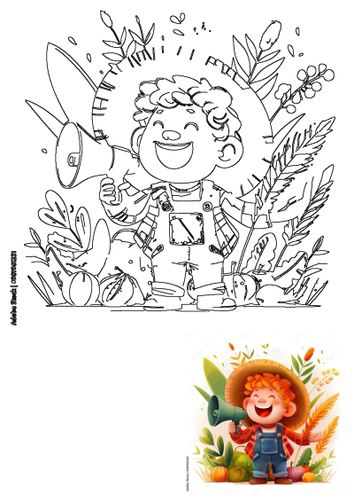 A cheerful cartoon boy, wearing overalls and a straw hat, holds a bullhorn in a vibrant autumn farm harvest scene with pumpkins and wheat.