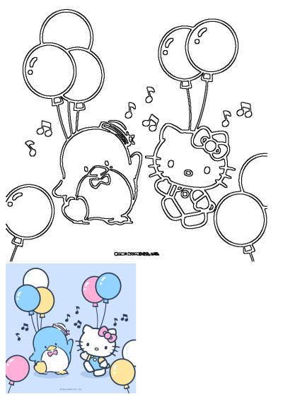 An outline illustration featuring Hello Kitty and Sanrio's Badtz-Maru penguin with balloons and music notes, ideal for creative coloring fun.
