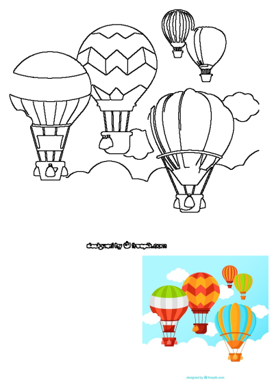 Line art illustration of hot air balloons floating in a sky with clouds, ready for adding vibrant colors to a whimsical scene.