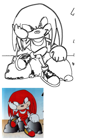 Line art of Knuckles the Echidna, the red comic art character, sitting on rocks from the Sonic series.