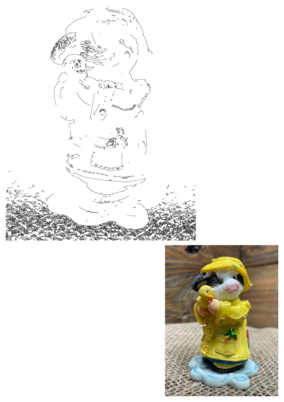 Vintage Mary Moo Moos April Lucky Ducky figurine: charming cow in yellow raincoat and hat holding a duck, with a frog in its pocket.