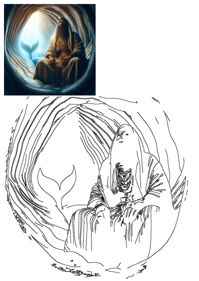 An artistic depiction of Jonah inside the whale's belly, surrounded by warm light, with the whale's tail visible in a biblical scene.