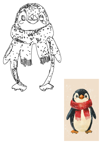 A charming illustration of a cute penguin wearing a cozy red scarf amidst falling snowflakes, perfect for winter themes.