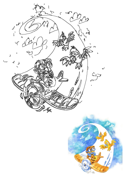 A cheerful cartoon aviator bird in a yellow biplane flies through a blue sky with clouds, accompanied by two playful birds.