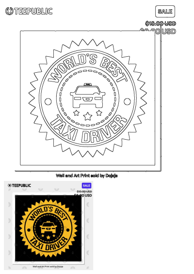 Award-style Worlds Best Taxi Driver sticker or art print featuring a yellow and black badge with a taxi car and three stars.