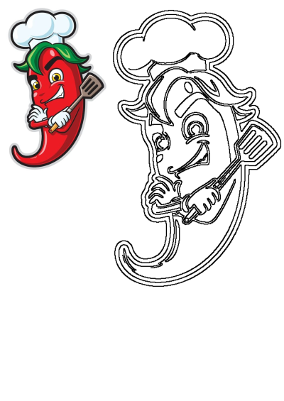Smiling cartoon red hot pepper chef in a white hat, holding a spatula, presented in both vibrant color and outline form.